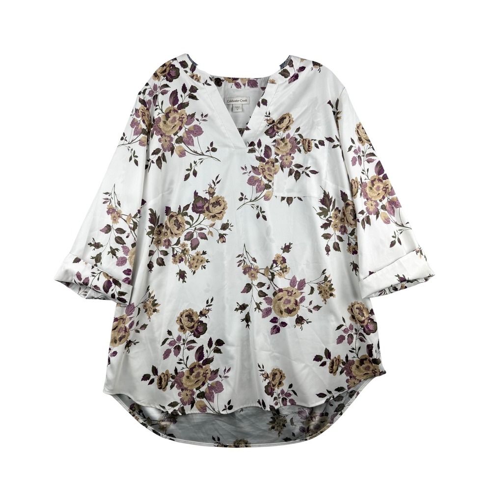 Coldwater Creek Womens 1X Floral Satin V-Neck Blouse White Purple